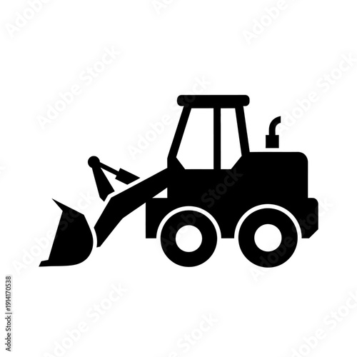 Black silhouette of a front loader construction vehicle on a white background