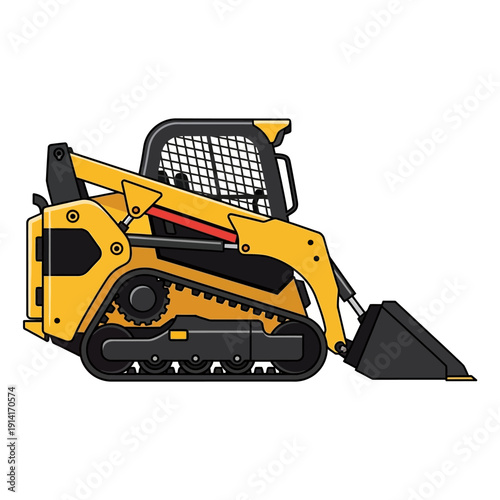 Yellow tracked skid steer loader with bucket, construction equipment, industrial vehicle, side view
