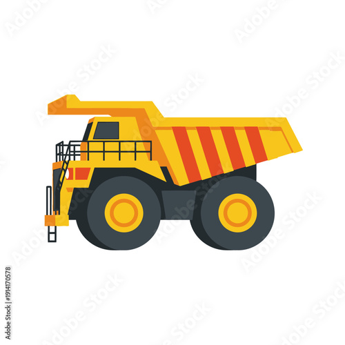 Yellow mining dump truck, heavy construction vehicle, industrial machinery, side view, isolated on white background