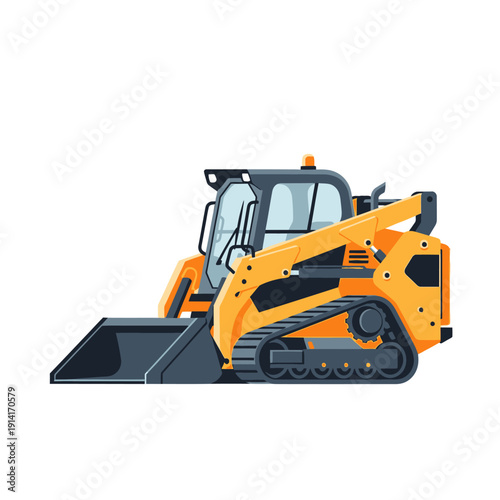 Orange compact tracked loader with bucket, construction equipment, isolated on white background