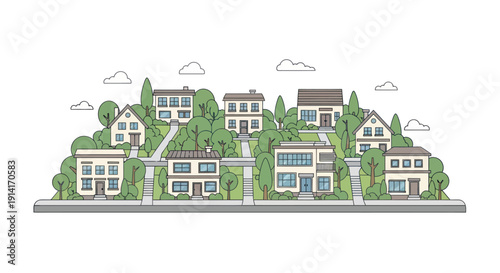 Charming Suburban Neighborhood with Houses, Trees, and Hills - Flat Design