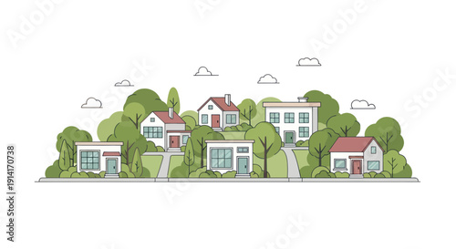 Suburban neighborhood illustration with houses, trees, and clouds