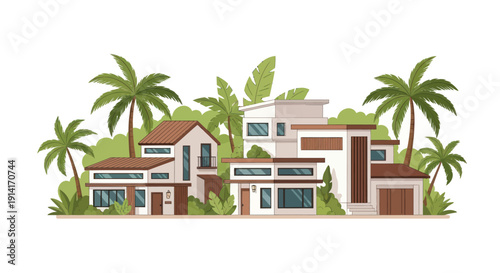 Modern Tropical Villas with Palm Trees and Lush Greenery