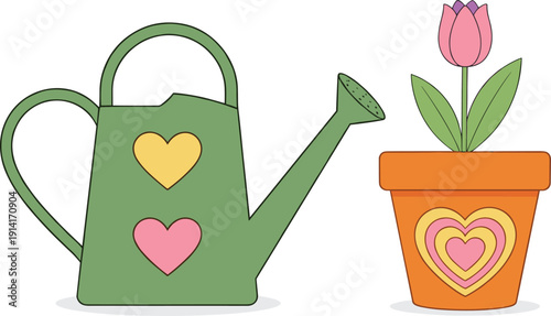 Cute watering can and flower pot illustration with heart decorations for gardening love and spring design projects