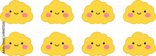 Cute smiling yellow cloud character icon set in kawaii style for kids apps nursery decor and playful designs