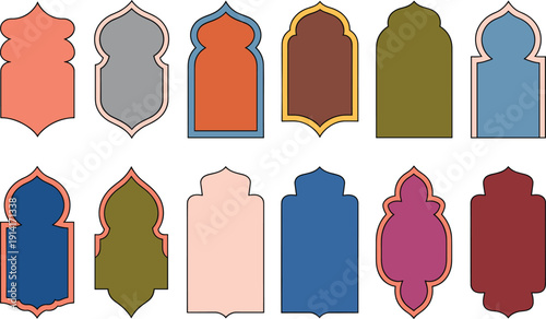 Colorful Islamic arch frames vector set for mosque architecture oriental decorative niches isolated on white background modern flat design minimal geometric collection