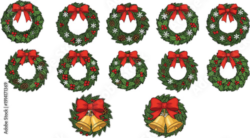 Large set of hand drawn Christmas wreath icons with red bows berries snowflakes and golden bells isolated on white background for holiday season design.
