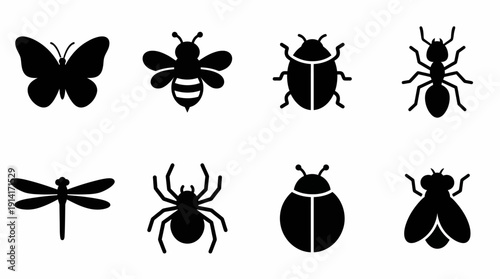 Insect Vector Icon Set Featuring Butterfly, Bee, Beetle, Ant, Dragonfly, Spider, Ladybug, and Fly for Nature, Education, and Graphic Design Use