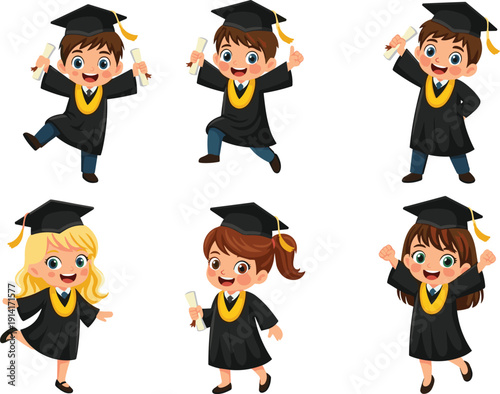 Set of cute cartoon children graduating in gowns holding diplomas isolated on white background for school graduation ceremony vector illustration.