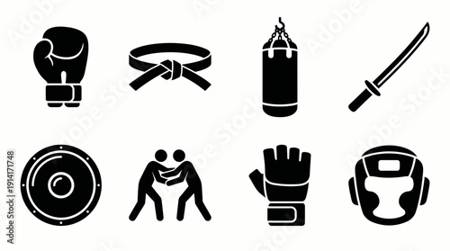 Martial Arts Vector Icon Set Featuring Boxing Glove, Belt, Punching Bag, Katana, Target, Grappling, MMA Glove, and Headgear for Combat Sports and Graphic Design Use