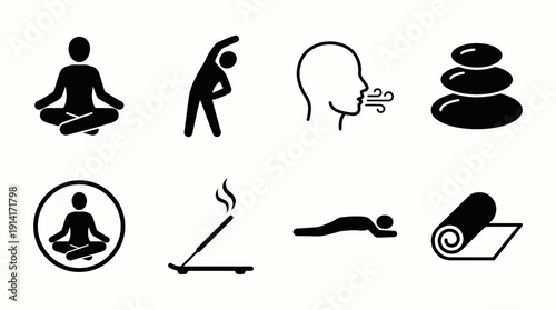 Yoga and Meditation Vector Icon Set Featuring Poses, Breathing, Stones, Incense, Relaxation, and Mat for Wellness, Mindfulness, and Graphic Design Use