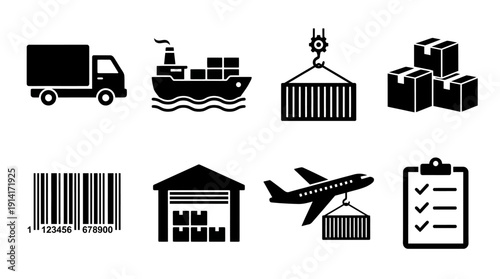 Logistics and Supply Chain Vector Icon Set Featuring Truck, Cargo Ship, Crane, Boxes, Barcode, Warehouse, Airplane, and Checklist for Global Trade and Graphic Design Use