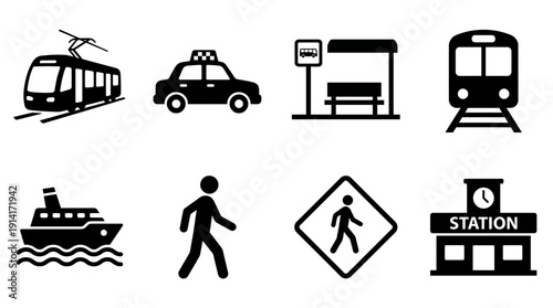 Transportation Vector Icon Set Featuring Tram, Taxi, Bus Stop, Subway, Ferry, Pedestrian, Crossing Sign, and Station for Urban Planning, Travel, and Graphic Design Use