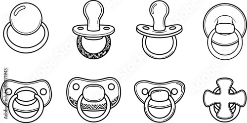 Collection of Eight Different Baby Pacifier Illustrations in Black and White soother nipple