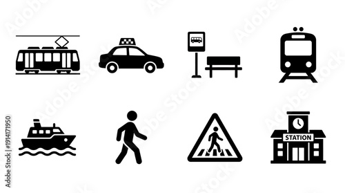 Transportation Vector Icon Set Featuring Tram, Taxi, Bus Stop, Subway, Ferry, Pedestrian, Crossing Sign, and Station for Urban Planning, Travel, and Graphic Design Use