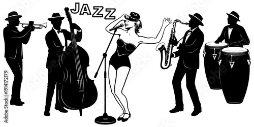 Jazz Band Silhouettes Set. Singer, Double Bassist, Saxophonist, Drummer, Trumpet. Vector cliparts.
