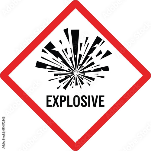 A warning sign indicating explosive materials with a red border and black graphic on a white background