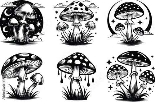 Mystical mushroom illustrations set with moon stars fantasy nature line art vector designs for tattoo, poster, coloring, boho psychedelic art aesthetic illustration