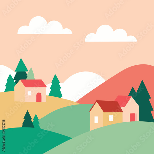 A serene countryside landscape with rolling hills and houses