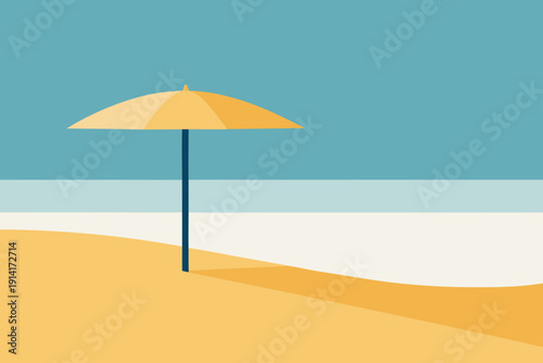 Beach scene with yellow umbrella on sandy shore