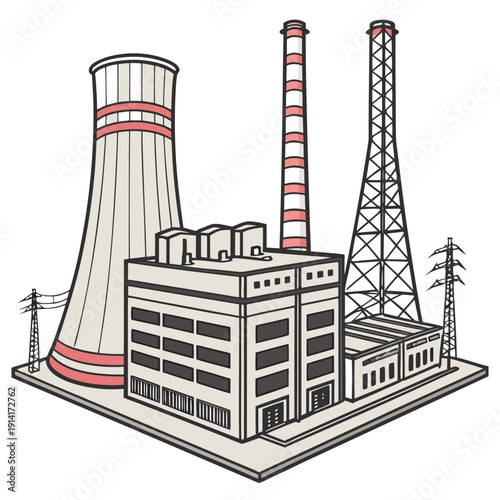 Nuclear power plant with cooling tower and transmission lines