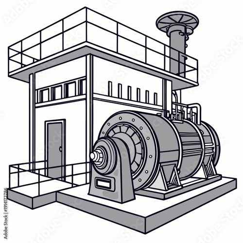 Industrial building with large turbine generator machinery
