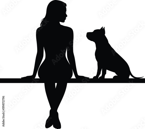 Silhouette of woman sitting with dog symbolizing friendship companionship love pet care calm lifestyle minimal vector illustration modern bond loyalty relationship concept