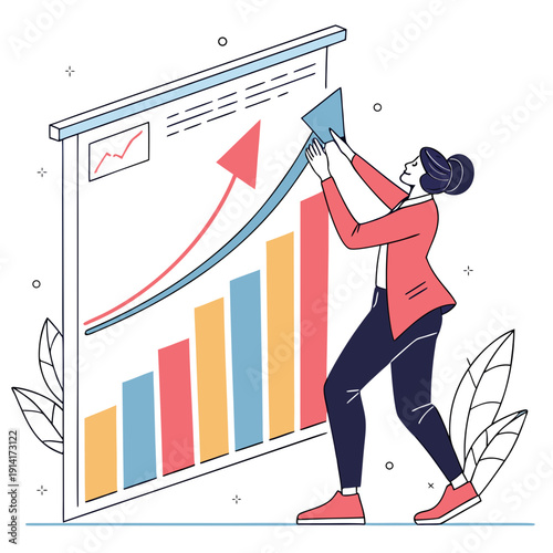 Woman pushing up graph on board with upward trend chart