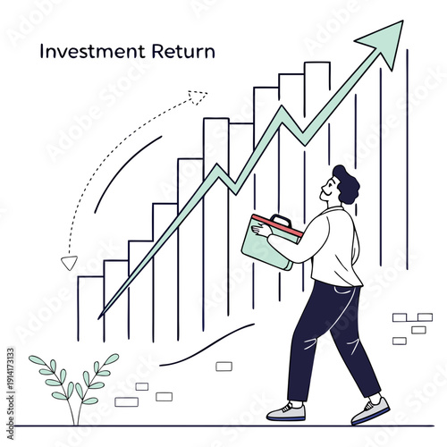 Man holding briefcase looking up at growing investment return graph