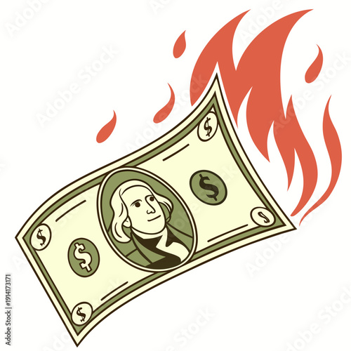 Burning dollar bill with flames fire
