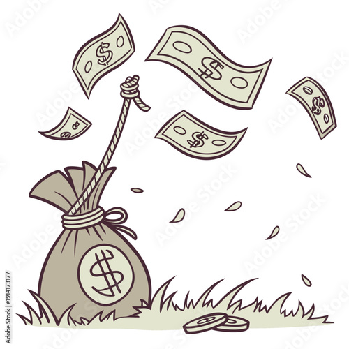 Cartoon money bag with dollars flying out coins finance