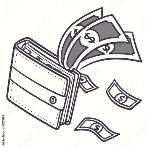 Wallet with money spilling out cash dollars bills