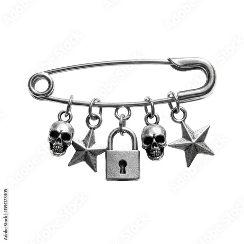 Safety pin with skull lock and star charms