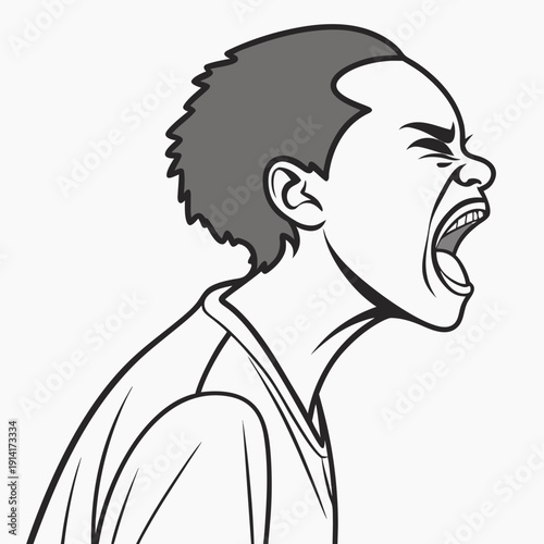 Cartoon man screaming with mouth open and eyes closed