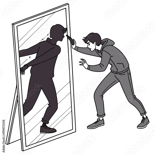 Man in gray clothes touching dark silhouette in mirror