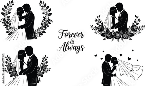 Four wedding couple silhouettes with floral wreaths and text Forever & Always Keywords: wedding, couple, silhouette, bride