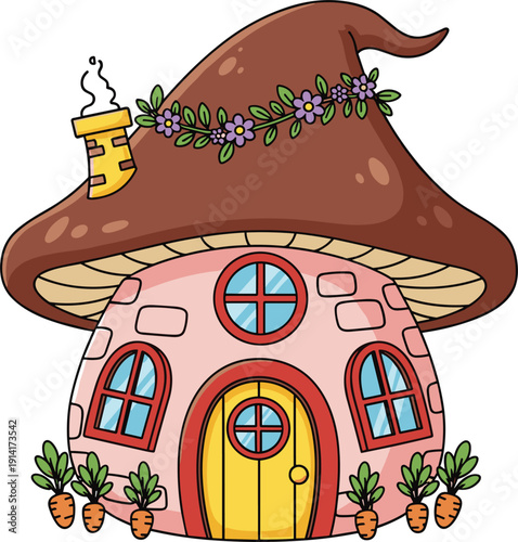 Cute cartoon mushroom house illustration with a chimney, flower garland, and carrot garden, perfect for fairy tales, children's stories, and fantasy backgrounds.