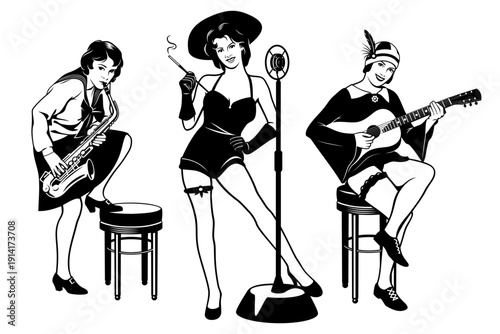 Music Flapper Girls Trio. Singer, saxophonist and guitarist. Black and white vector illustration.