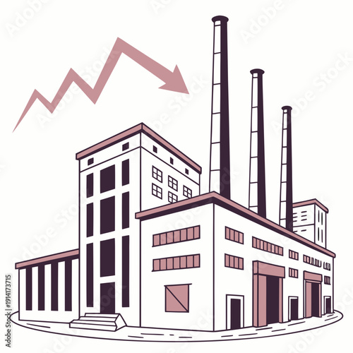 Industrial factory building with smokestacks and declining graph