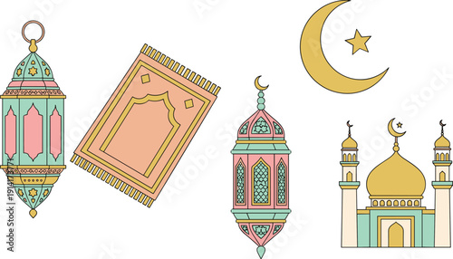Islamic lantern prayer rug crescent star mosque vector set, Ramadan Eid festive cultural clipart, decorative religion illustration artwork bundle