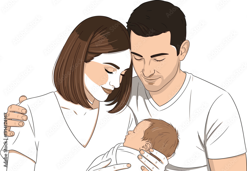 Obraz premium Parents tenderly holding their newborn baby in a close-up illustration family infant