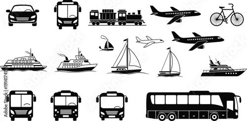 Transport vehicle silhouette vector set, black white clipart of cars buses trains airplanes bicycles boats ships, travel illustration artwork bundle