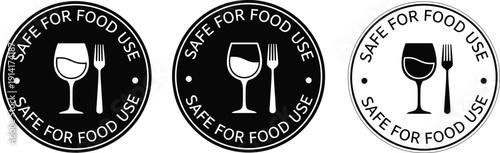 Safe for food use badge icon set with glass and fork symbols for packaging and kitchen labeling