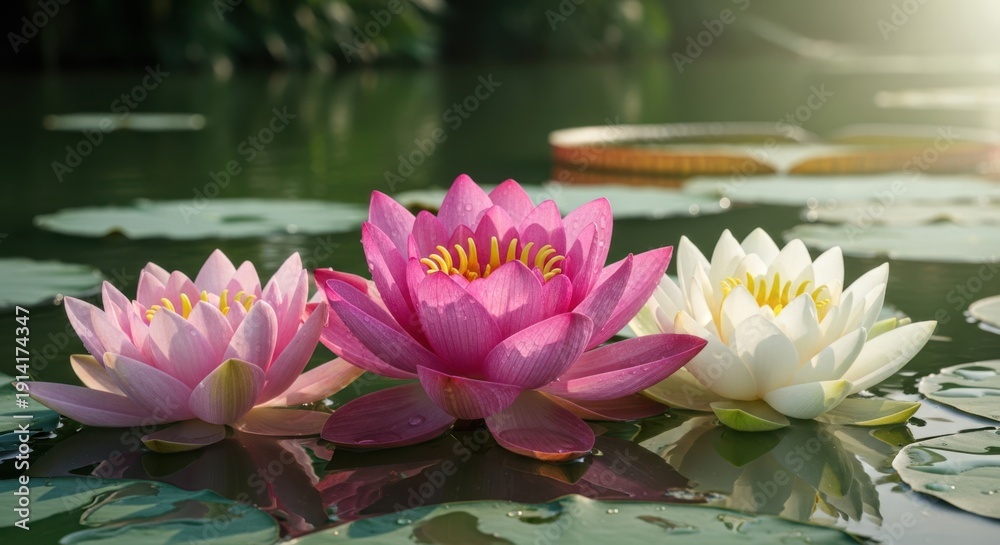 Obraz premium Serene water lily blooms in golden morning light