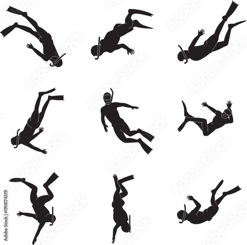 Set of nine silhouettes of scuba divers and snorkelers in various underwater poses