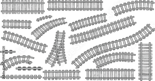 Black and white stylized schematic illustration set of railway track segments including straight, curved, and switch tracks, perfect for engineering, model trains, and design purposes
