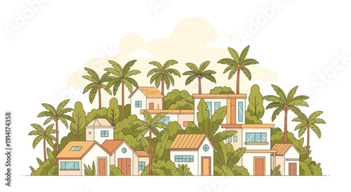 Tropical village houses nestled among palm trees and lush greenery, illustration.