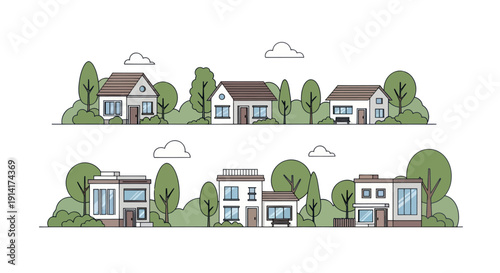 Cozy Suburban Neighborhood with Modern and Traditional Houses, Trees, and Clouds