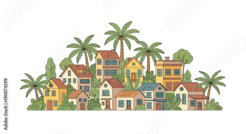 Tropical Townscape: Vibrant Houses and Palm Trees in Sunny Coastal Village