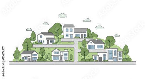 Charming suburban neighborhood street with modern houses and lush green trees